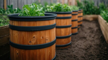 Low impact living concept, Wooden planters filled with green plants, arranged in a garden setting with soil in the foreground.