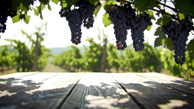 Rustic Wooden Table Under Hanging Dark Grapes in a Vineyard With Green Rows of Vines and Sunlit Leaves in a Rural Landscape During Harvest Season