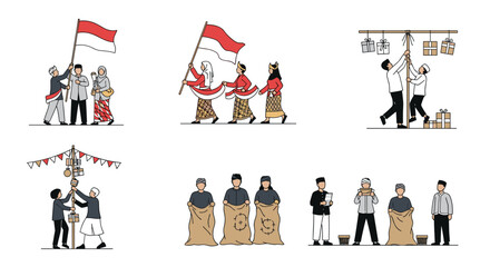 Obraz premium Indonesian Independence Day Celebrations with Traditional Games and Flag Raising Ceremony Vector Illustrations