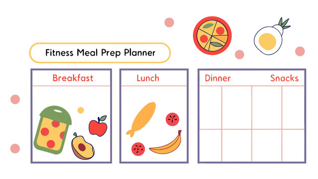 Fitness meal prep planner with breakfast lunch dinner and snacks sections and food illustrations around it - Powered by Adobe