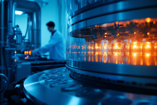 Close-up of a high-tech laboratory reactor with glowing orange lights, with a scientist working in the background in a modern lab setting. - Powered by Adobe