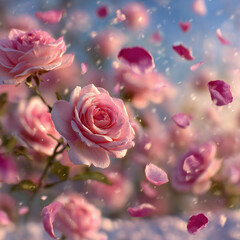 3D pink roses floating in the air, petals falling