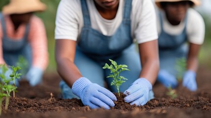 Fototapeta premium Low impact living concept, Farmers planting seedlings in a field, demonstrating agricultural labor and teamwork.