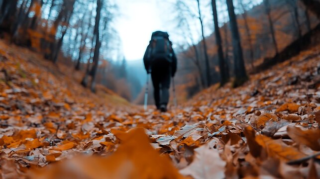 A lone hiker walking through an autumn forest, surrounded by fallen leaves and vibrant colors