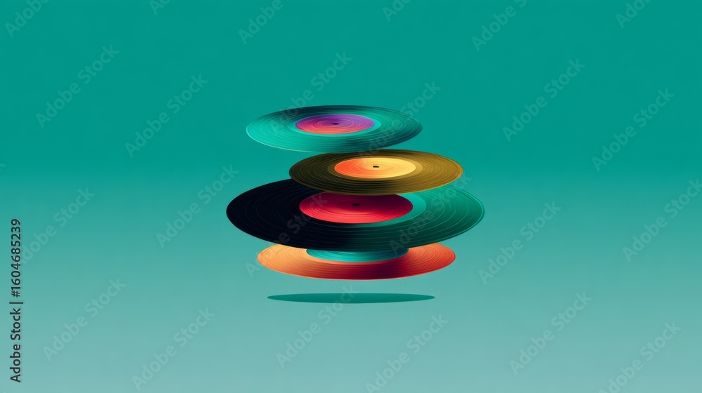 Poster stack of records with a green background. the record stack is colorful and has a playful vibe