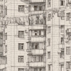 A detailed drawing of a tall apartment building, showing multiple floors with windows, balconies, and clotheslines