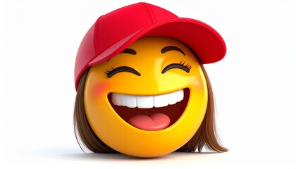 Fototapeta premium Joyful 3D girl emoticon wearing a red baseball cap and laughing heartily. Cute female character avatar with brown hair isolated on a white background.