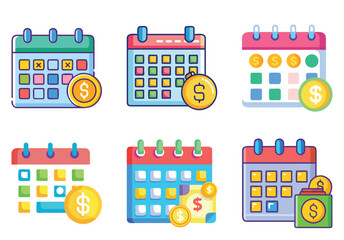 Naklejka premium Colorful illustration featuring calendar icons with dollar coins on a white background
