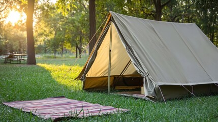 Cozy Tent in Tranquil Forest Setting at Golden Hour Light