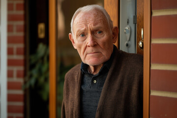 An elderly man with a worried expression peeks out from behind a door, standing outside a brick building.