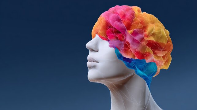 Colorful brain is shown on a blue background. The brain is surrounded by a colorful, abstract design. Concept of creativity and imagination, as well as the importance of the brain in our lives