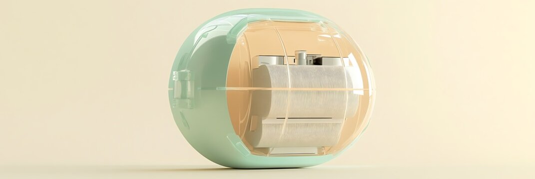 Organic technology pod with embedded product inside translucent fiber shell - light mint and metallic beige palette