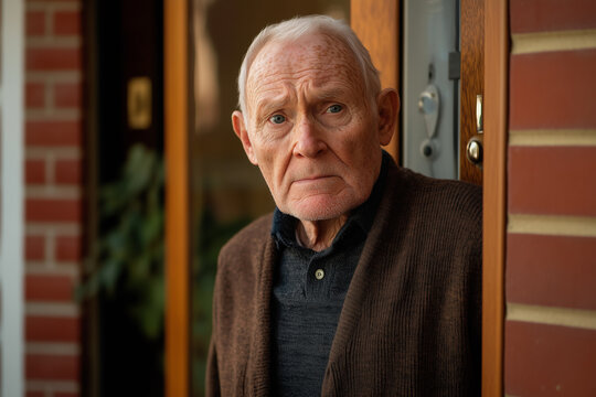 An elderly man with a worried expression peeks out from behind a door, standing outside a brick building.