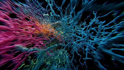 Abstract representation of a synaptic network in a kaleidoscope of color emphasizing the transformative process of neuroplasticity. The 3D model captures the complexity and beauty of