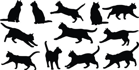 Set of black cat silhouettes in various poses, walking, sitting, stretching, and jumping, isolated vector illustrations on white background.