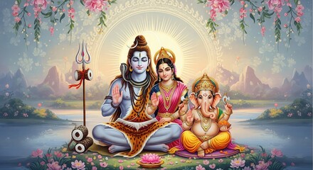 Shiv Parvati with Ganesha – 4K HD Wallpaper | Hindu God Family Desktop Background