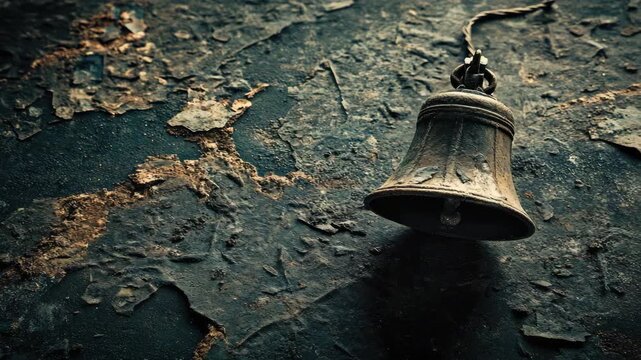 Rusted metal bell on textured, weathered, and peeling surface