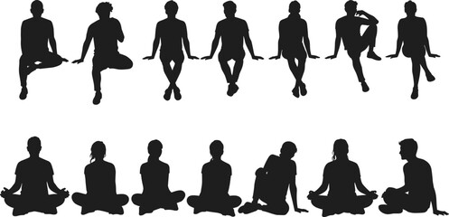 Silhouettes of people sitting cross-legged, meditating or relaxing, male and female figures in seated poses, yoga and mindfulness concept.