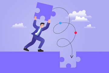 businessman placing the final puzzle piece. A concept of completing a project, finding a solution, and achieving a goal.