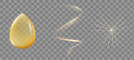 Golden Cosmetic Elements Set. Serum Drop, Light Swirl And Sparkle Effect