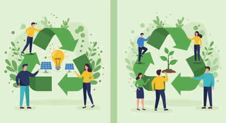 Sustainable Energy and Recycling Concept, People Supporting Green Innovation, Eco-Friendly Technology, Renewable Resources, Clean Energy, Environmental Conservation and Awareness