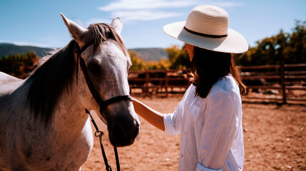 Woman in white shirt and hat gently touching a gray horse on a sunny day at the paddock with mountains in the background
