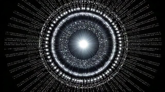 Abstract circular formation with glowing white center, digital light beams and binary code on dark background, concept of data flow and technology