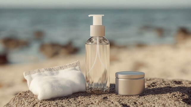 Clear Skincare Products on a Sandy Beach with Ocean Background