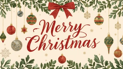 A festive merry christmas illustration with ornaments and a red bow on a light background