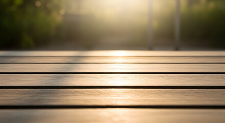 empty wooden table, Soft-focus wooden planks with warm sunlight, natural and simple backdrop