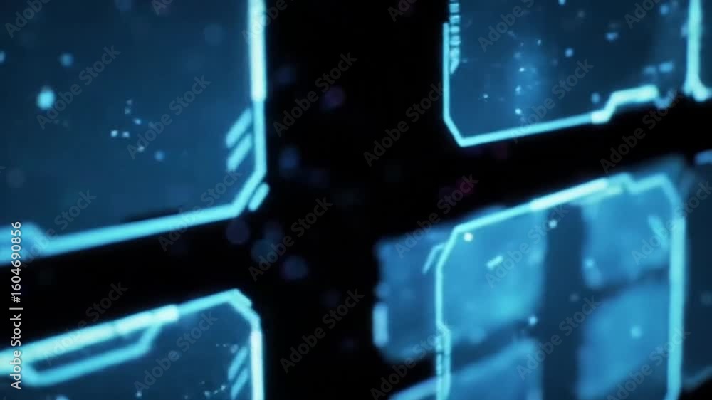 Poster abstract close-up of a blue digital interface with glowing lines and geometric shapes on a dark back