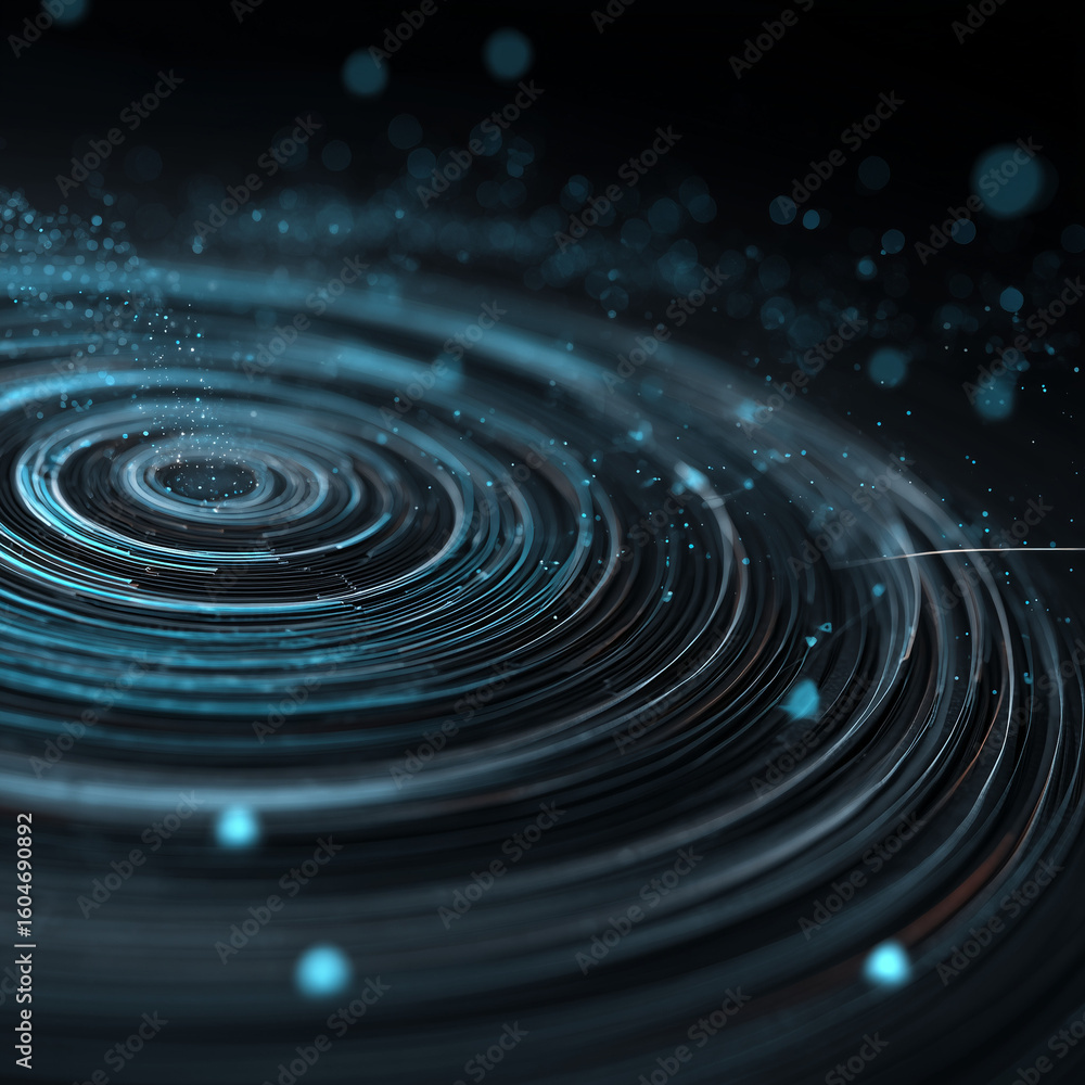 Poster mesmerizing blue digital vortex with glowing particles creates futuristic abstract data flow motion