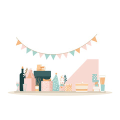  Stylish birthday party celebration setup with pastel bunting, wrapped gifts, champagne and festive decorations in modern minimalist flat lay design
