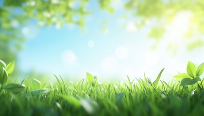 Obraz premium Blurred Summer Landscape: Green Grass, Blue Sky, And Vibrant Bokeh. Abstract Depiction Of Summer With Lush Green Leaves And Eco-Friendly Environment.