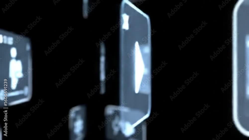 Poster abstract digital display featuring glowing icons and symbols floating against a dark background, sug