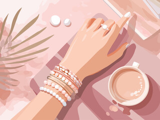 Elegant hand wearing luxury jewelry and accessories on pink background - perfect mockup template for fashion brands, beauty products, and lifestyle marketing campaigns