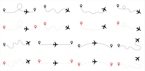 Airplane routes set. Plane route line. Planes dotted flight pathway. Aircraft tracking, planes, travel, map pins, location pins.  Airplane flying dotted line to destination