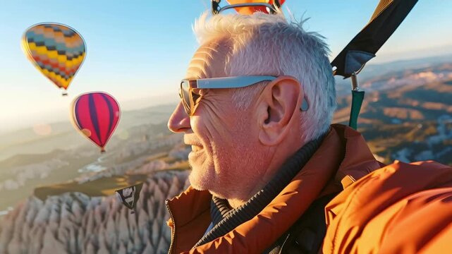 Elderly man wearing sunglasses enjoying colorful hot air balloon ride over rocky landscape with hot air balloons flying at sunrise joyful scenic view