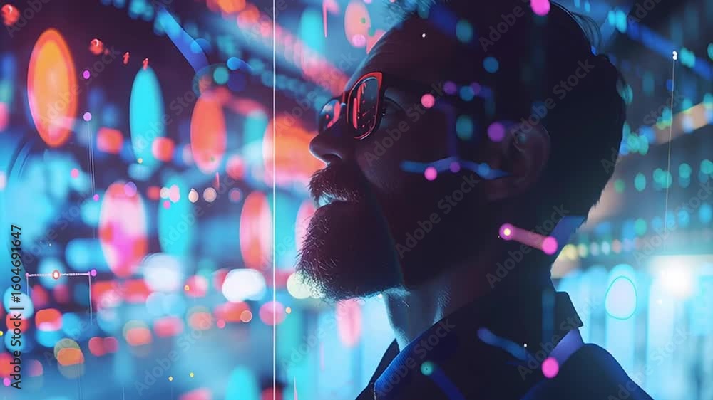 Aufkleber man with beard and glasses analyzing colorful digital data visualization, futuristic technology conc