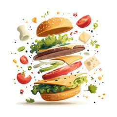 Exploding burger with fresh ingredients flying in air - perfect for food advertising, restaurant menus, cooking blogs, and culinary marketing materials