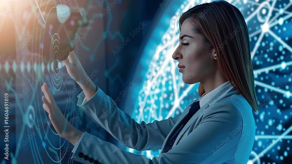 Poster woman interacting with futuristic digital interface featuring network connections and data visualiza