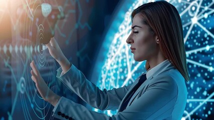 Woman interacting with futuristic digital interface featuring network connections and data visualization technology in advanced scientific environment - Powered by Adobe