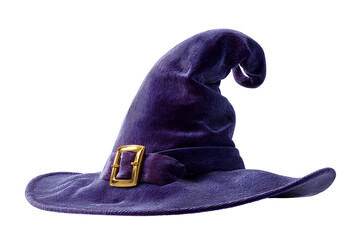 Classic Curled Purple Witch Hat with Gold Buckle and Shadows Front View Isolated on Transparent Background PNG