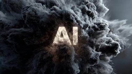 Bright AI text bursts through thick black and gray smoke clouds on a dark background, symbolizing technology disruption and innovation - Powered by Adobe