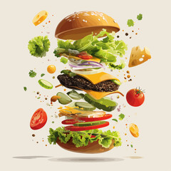 Exploding burger with fresh ingredients flying in air - perfect for food advertising, restaurant menus, cooking blogs, and culinary marketing materials