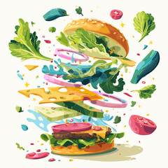 Exploding burger with fresh ingredients flying in air - perfect for food advertising, restaurant menus, cooking blogs, and culinary marketing materials