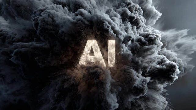 Bright AI text bursts through thick black and gray smoke clouds on a dark background, symbolizing technology disruption and innovation