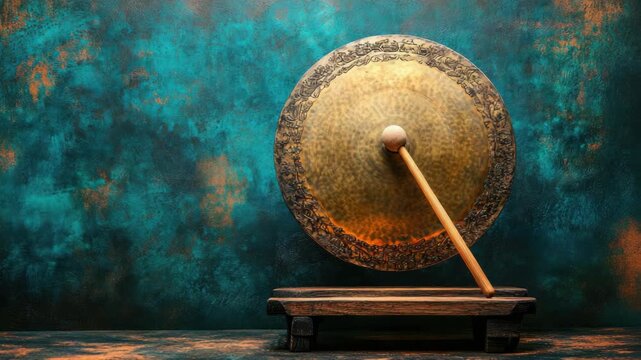Ornate gong on wooden stand against teal background