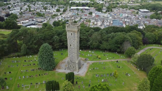 Aerial Drone Footage of MacDonald Memorial Tower in Dingwall, Scotland on Overcast Summer Day