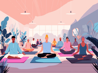  Modern yoga studio illustration with diverse group in meditation pose. Perfect mockup for wellness brands, fitness apps, and mindfulness content marketing